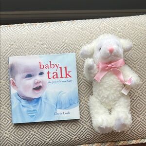 Plush White Lamb Toy w/  Pink Bow & pottery barn baby talk book  Easter gift